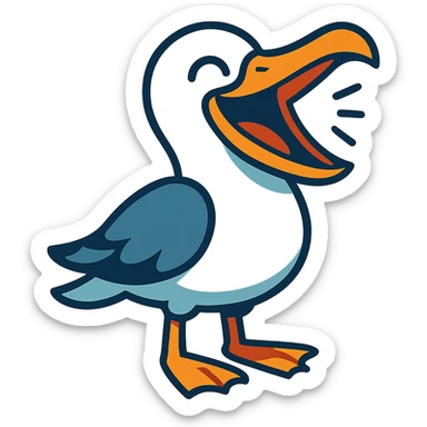 a seagull with its beak wide open, laughing, cartoon style, vibrant toon style sticker