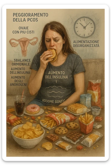 Donna tra i 25 e i 35 anni seduta sul divano o a un tavolo disordinato, circondata da cibi sparsi e poco sani: patatine, dolci, pane bianco, snack confezionati, bibite. Mangiando di fretta, ha un’espressione stanca e frustrata. Intorno a lei, in trasparenza o come illustrazione simbolica, si vedono gli effetti della PCOS peggiorata: ovaie con cisti multiple, squilibrio ormonale (↑ insulina, ↑ androgeni), gonfiore addominale. Sullo sfondo, orologio che corre o caos visivo che comunica disorganizzazione alimentare. Colori spenti e atmosfera stanca. Stile realistico con elementi simbolici e informativi. in italiano sticker