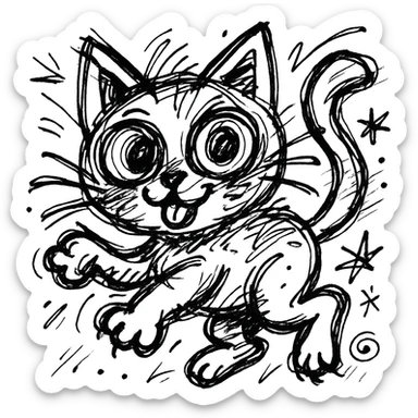 chaotic outlined icon of a cute cat with big eyes and a playful pose sticker