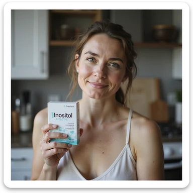 lifestyle photo of a woman with PCOS in kitchen, holding a box of inositol near a glass of water, face with acne and facial hair, thin hair, serene expression, natural light sticker