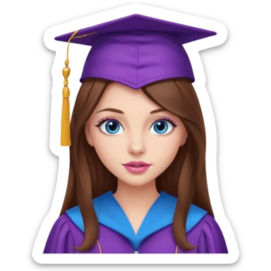 girl with gorgeous long brown hair, blue eyes, long lashes makeup, sexy pink lips, wearing a purple graduation cap and gown sticker