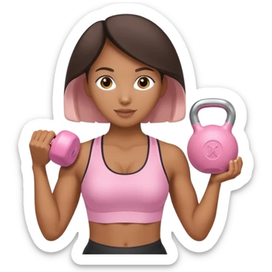 Mixed-race athletic woman with bronzed caramel skin, pastel pink kettlebell in hand, soft pastel background sticker
