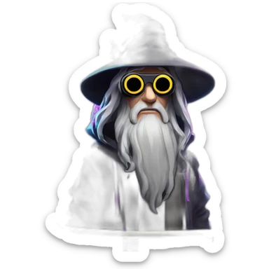 Gandalf wearing a black hoodie with "OMG" letters on it and VR headset in a cyberpunk VR environment with violet neon lighting. sticker