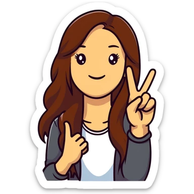 Young woman with long brown hair, smiling, making peace sign, TikTok star sticker