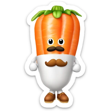 mario mustache with legs siting on top of a large carrot with two meatballs pushed up under the carrot sticker