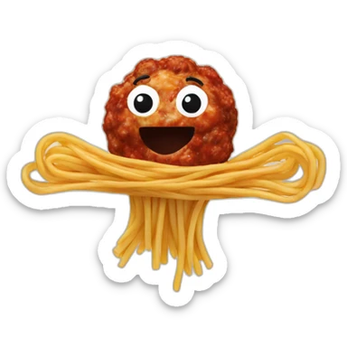 Spaghetti and meatballs with a face, arms and legs, doing something random sticker