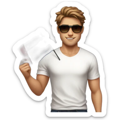 A young fit man with a white shirt and sunglasses on his hair with brown hair and a French flag in his hand sticker