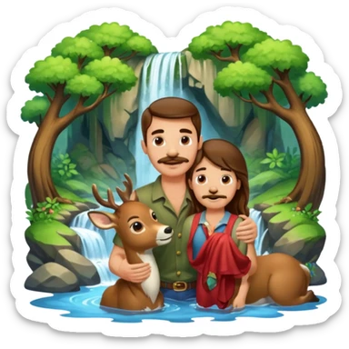 ripped guy with mustache and long hair, being nuzzled by one adolescent deer, in a secluded glen, with a waterfall sticker