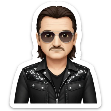 Bono with long dark brown hair, black sequin tour outfit sticker