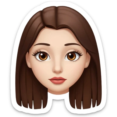 Una chica con piel muy clarita con pleo liso largo de color castaño y unos ojos marrones oscuro y labios grandes y nariz bonita y con unas pestañas sticker