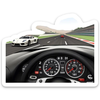 An icon showing a racing game interface, inspired by Grand Turismo. The design features a garage with a selection of high-performance cars, along with race track visuals in the background. Speedometer, lap timer, and other HUD elements add to the excitement. Transparent background sticker