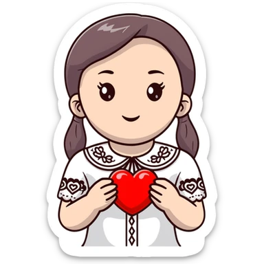 Beautiful young girl in a white Ukrainian embroidered shirt holds a large embroidered heart in her hands sticker