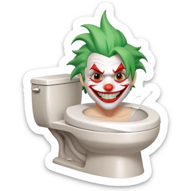 Joker character on toilet laughing hysterically, green hair, white face, red smile sticker