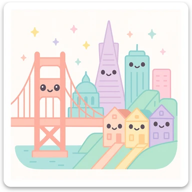 {
  "style_description": {
    "overall_look": "Cute, minimal, and soft with a friendly and playful tone",
    "material_simulation": {
      "primary_material": "flat digital color",
      "texture_detail": "smooth surfaces with no texture or shading",
      "pattern": "none or very simple decorative accents (e.g., hearts, stars)"
    },
    "geometry": {
      "edge_style": "rounded, soft curves with no sharp angles",
      "dimensionality": "flat two-dimensional appearance with simple shapes"
    },
    "color_palette": {
      "scheme": "pastel and light tones",
      "preferred_colors": ["pink", "mint", "lavender", "baby blue", "peach"],
      "contrast": "low contrast with bright accents"
    },
    "facial_features": {
      "eyes": "large, sparkly, often oval or circular",
      "mouth": "small, often a simple curve or dot",
      "expression": "joyful, innocent, or calm"
    },
    "lighting": {
      "type": "none or implied with soft highlights",
      "purpose": "maintain a clean and cheerful look"
    },
    "render_constraints": {
      "avoid": ["realistic shading", "high detail", "dark themes", "texture noise"],
      "focus_on": ["cute expression", "iconic simplicity", "emotional warmth"]
    },
    "background": {
      "color": "white or soft pastel",
      "style": "plain or patterned with simple icons (e.g., polka dots, stars)",
      "lighting_consistency": "no shadows, evenly lit feel"
    }
  }
}

{subject} = san francisco sticker