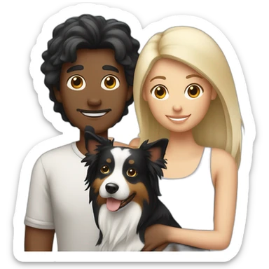 Family formed by a White man with a border collie black and with and a White woman with long black hair and a small yorkshire terrier dog sticker