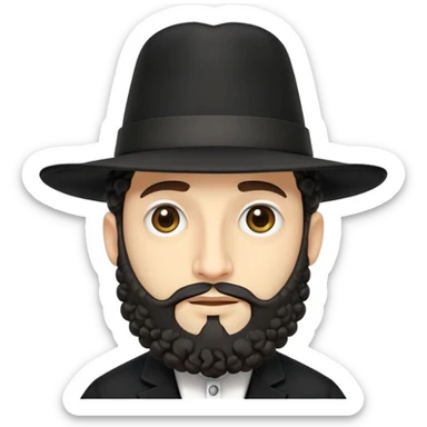 Abstract stylized Hasidic Jewish man emoji with traditional wide black hat, simplified payot curls, short beard, traditional black coat, very generic face sticker