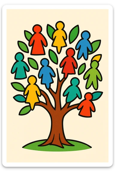 a tree with leaves shaped like people, symbolizing family, colorful illustration style sticker