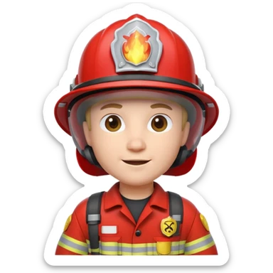 3D cartoon-style firefighter in the Apple emoji style, wearing a bright red fireproof uniform and matching helmet sticker