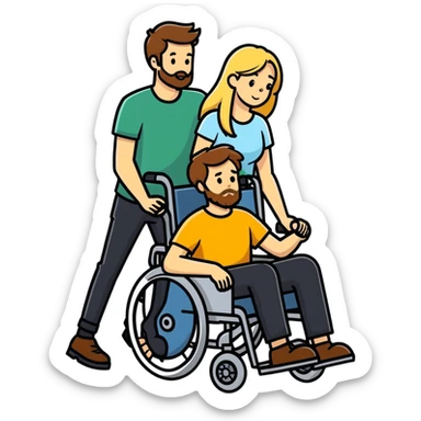 A bearded Brown haired man in a wheel chair with long blonde haired mom pushing the wheel chair sticker