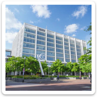 Zoom out slightly for a wider view of the whole International Criminal Court (ICC) building in The Hague, maintaining the cinematic, realistic style with majestic bright modern architecture, lifelike detail, bright lighting, iconic sign, and accurate colors. Preserve the transparent background. sticker