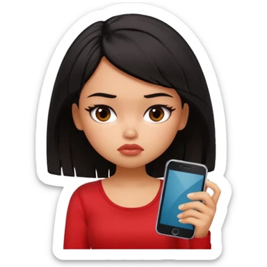 generate a pretty bratz girl with short black mess hair, looking tired and using her phone sticker