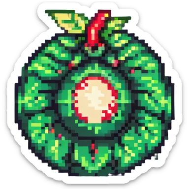Green digital bomb animation frame 4, round bomb body with green highlights, tiny leaf-shaped fuse at top, intense green glow, about to explode, nature-inspired design, pixel art style sticker