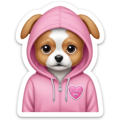 small dog wearing Victoria's Secret pink hoodie with logo sticker