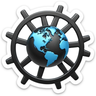 Minimal black line icon of a gear and globe, with circuit-style connected nodes, flat vector style, thin stroke, white background, representing global system configuration and connectivity. sticker
