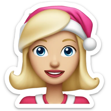 Beautiful blonde blue eyed woman, pink lips, wearing santa hat, wearing red top sticker