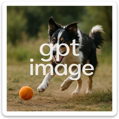  logo with text "gpt image" on the background of a dog chasing ball, realistic image sticker