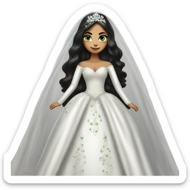 Hyper Realistic ornate ballgown long sleeve Wedding dress with diamanté on Russian bride with green eyes and long black hair with veil sticker