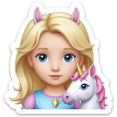 Little girl blonde and blue eyes, with a unicorn toy sticker