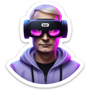 Putin wearing a black hoodie with "OMG" letters on it and VR headset oculus quest 2 in a cyberpunk VR environment with violet neon lighting. sticker