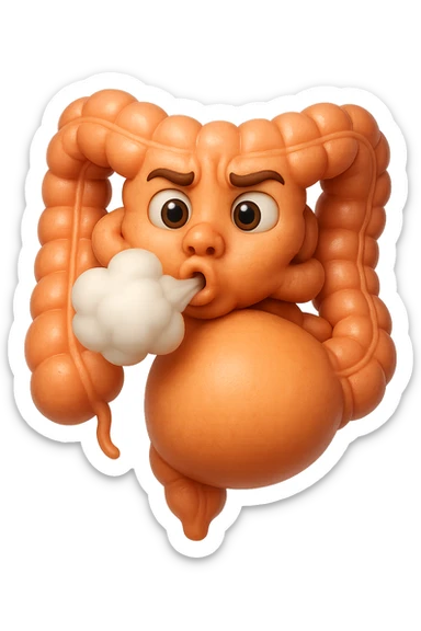 emoji stile iphone di un intestino che ingoia una nuvoletta di aria ben visibile e gli si gonfia la pancia, non fargli il naso, iperrealistico 4k sticker