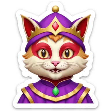 crazy colorful cute little cat jolly joker from poker, medieval, vintage, court jester, mac os icon, purple, gold and red color, half body sticker
