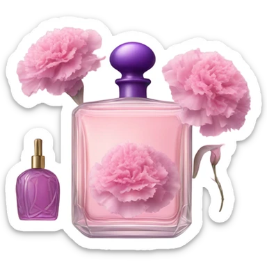 Aesthetic still life of delicate pink carnations beside a vintage purple perfume bottle. sticker