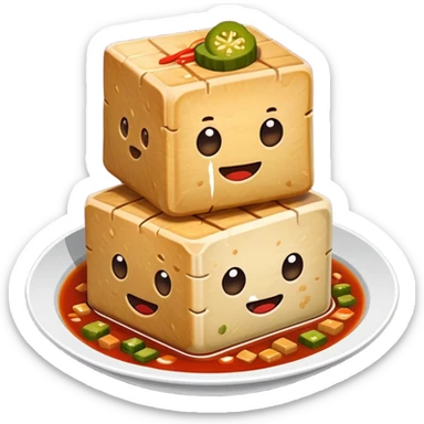 Stinky Tofu with sauce and pickles, simplified emoji style with bold outlines and bright colors, cartoon style dark fermented Chinese street food with steam sticker