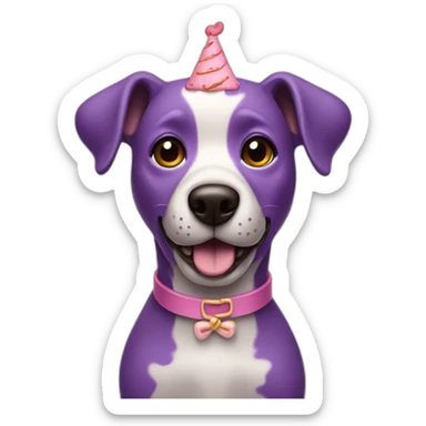 a purple dog with a brown nose and a pink collar with a bone eat cake sticker