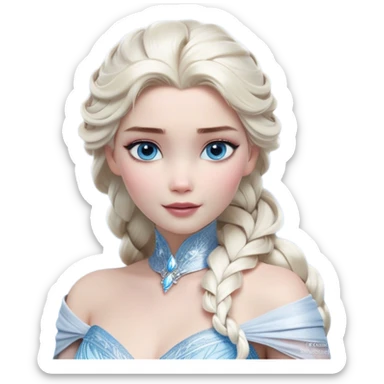 Cinematic Realistic Elsa Portrait, depicted with lifelike skin texture, soft natural lighting, and intricately detailed platinum blonde hair styled elegantly. Her striking, expressive blue eyes exude confidence and grace, complemented by a serene and regal expression. She is dressed in her signature icy attire, with shimmering fabric textures and delicate folds that catch the light beautifully. The portrait features a soft, enchanting glow with a cool, radiant finish, capturing the essence of timeless elegance in a realistic and painterly style, evoking a sense of depth and authenticity. sticker