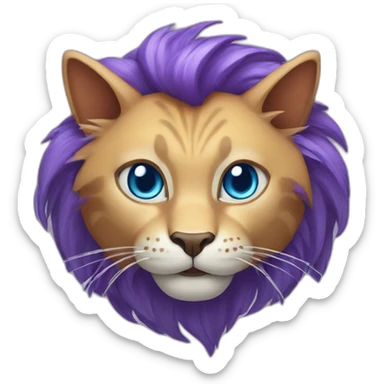 Purple cat with big blue eyes, lion mouth and shark phinn on the head sticker