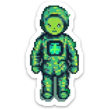 Convert the original image to a green silhouette icon with digital scan lines in pixel art style, keeping the original pose and proportions. sticker