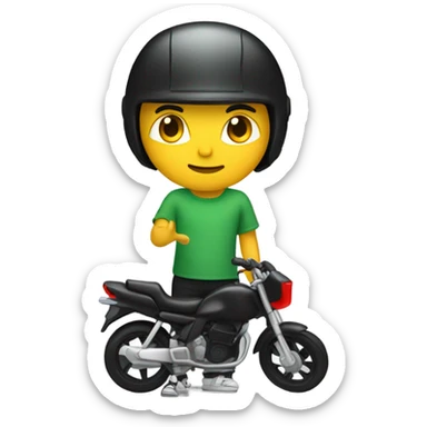 Boy with converse and green shirt, black pants, and black motorbike helmet with red visor with motorcycle outdoors sticker