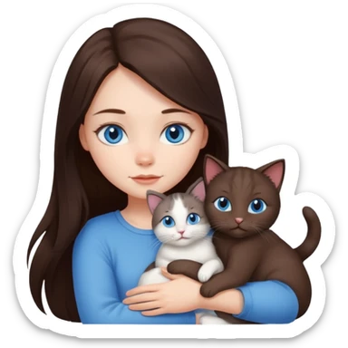 a pretty girl with long dark 
brown hair, with blue eyes, hugs 3 different natural coloured small cats sticker