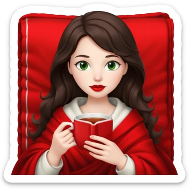 Long wavy dark brown haired, white skinned, dark green eyed girl with red lipstick wrapped in a red and white blanket, sipping tea and reading a book sticker