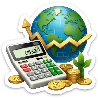 An icon featuring a calculator, a dollar sign, and a chart with upward trends, symbolizing economics. The design includes coins, bills, and a globe, representing global trade and financial systems. Transparent background highlights the study of markets, supply, and demand. sticker