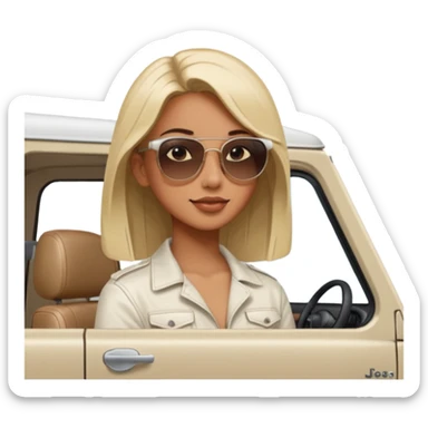 make the jeep white color, show a 45 degree angle and the girl giving a side look sticker