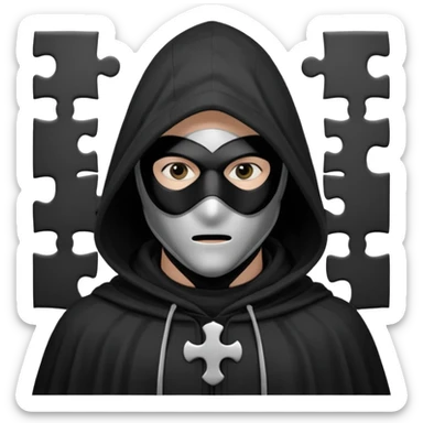 grayscale black mysterious masked hooded man with puzzle logo on hood sticker