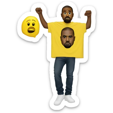 Kanye west holds a yellow sign with tshirt sticker