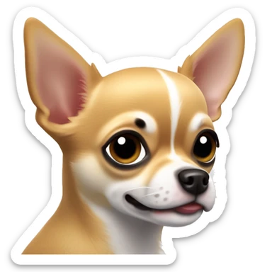 This Chihuahua is small with soft, light brown fur and darker markings on its face and ears. It has big, dark eyes and a playful look with its tongue slightly out. The ears are large and pointy, with a few white hairs at the edges. sticker