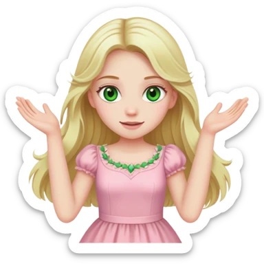 blonde girl with long hair, swamp green eyes, pink pastel dress, celebrating sticker